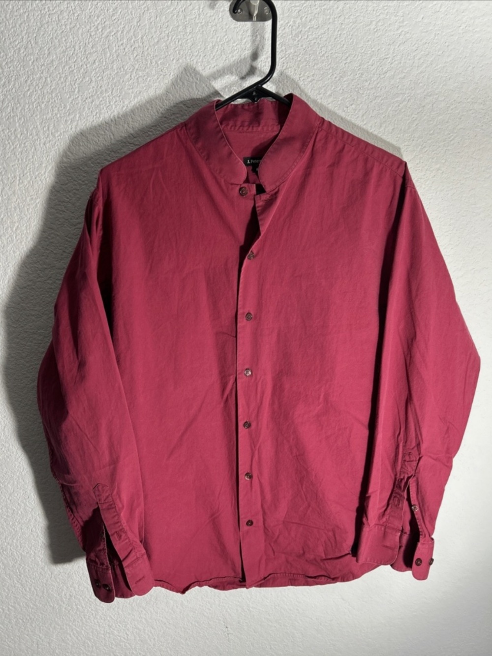 J Peterman Shirt Mens Medium Band Collar Dress Solid Red Drop Front Preppy